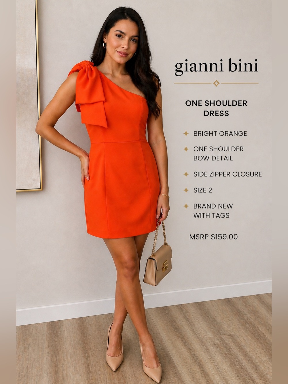 Gianni Bini Orange One-Shoulder Bow Mini Dress $159 NWT